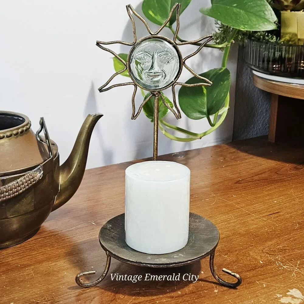 Vtg Sunburst Gold Metal Candle Holder Glass Sun Face 3d Mystical  Celestial Boho